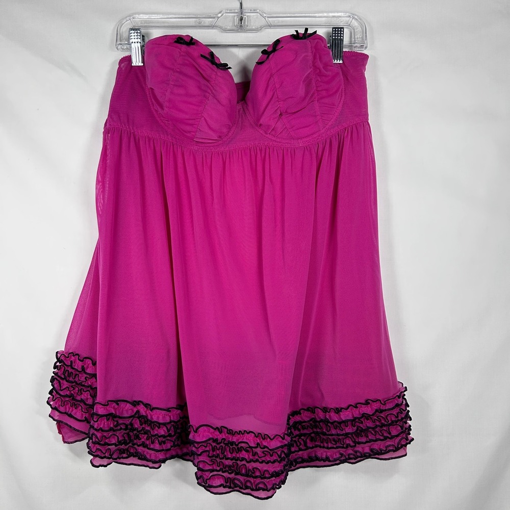Y2K Hot Pink Mesh Babydoll Lingerie Chemise with Black Ruffle Trim Size 42C/10